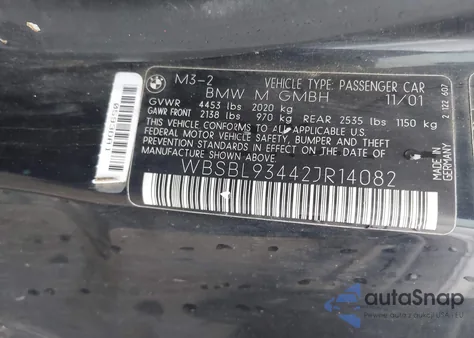 2002 BMW M3 z USA, uszkodzony, nr VIN WBSBL93442JR14082